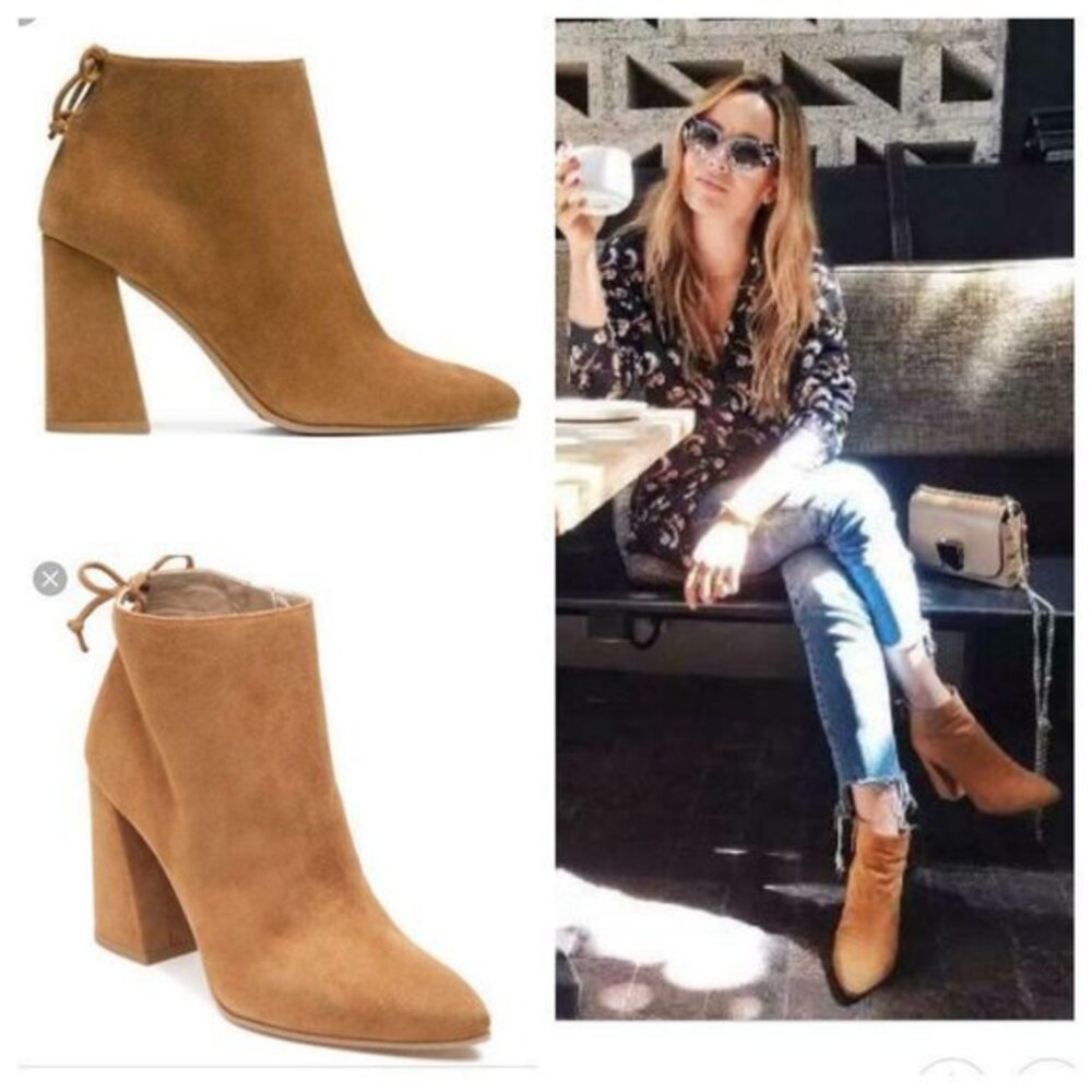 STUART WEITZMAN Grandiose Suede Pointed-Toe Ankle Bootie Camel in Size 8.5